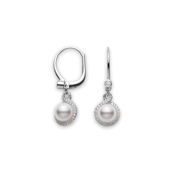 Aretes colgantes Mikimoto Petite Soleil oro blanco 18k, perlas y diamantes