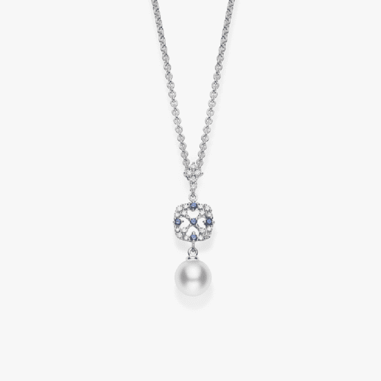 Collar con pendiente mikimoto oro blanco 18K, perla Akoya, zafiros y diamantes