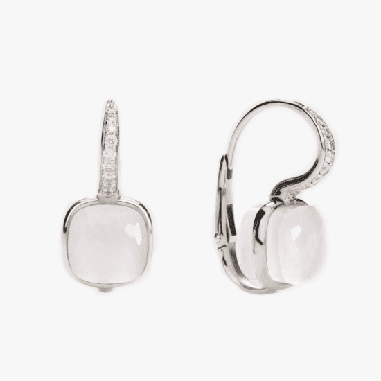 Aretes Pomellato Nudo Petit Oro Blanco 18K, cuarzo leche y diamantes