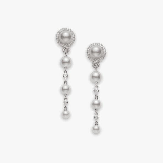Aretes largos Mikimoto Petite Soleil oro blanco 18k, perlas y diamantes