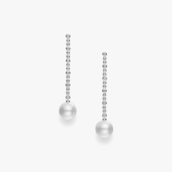 Aretes largos Mikimoto South Sea oro blanco 18k, perlas y diamantes