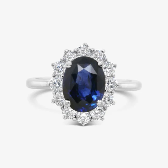 Anillo Halo Bauer oro blanco 18K, zafiro y diamantes