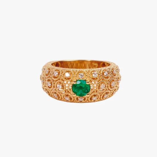 Anillo cielo estrellado de filigrana Bauer Herencias oro amarillo 18K, esmeralda y diamantes