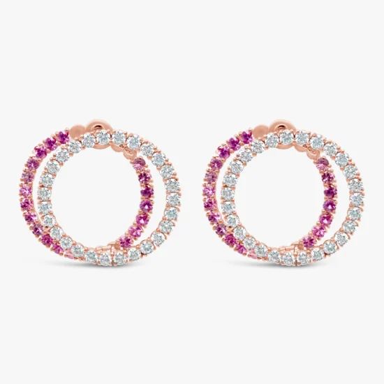 Aretes doble halo Bauer oro rosa 18K, zafiros y diamantes