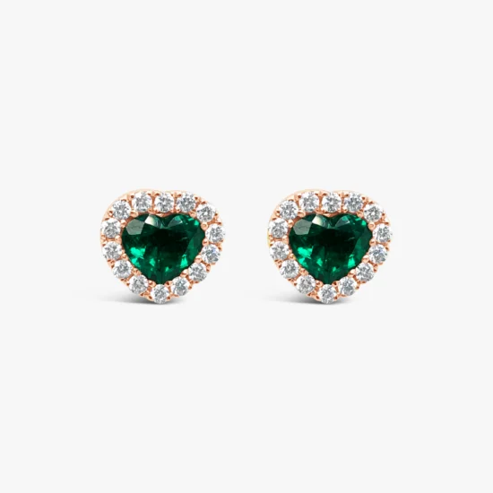 Aretes topos corazón Bauer Esmeraldas oro rosa 18K, esmeraldas y diamantes