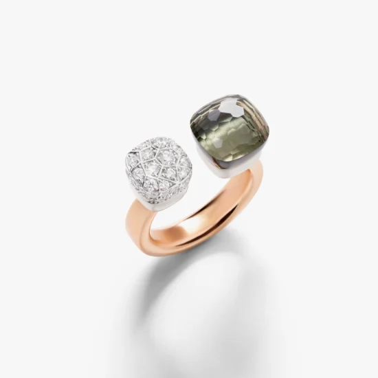 Anillo Pomellato Nudo Toi et Moi de Oro Rosa de 18K con Prasiolita y pavé de diamantes