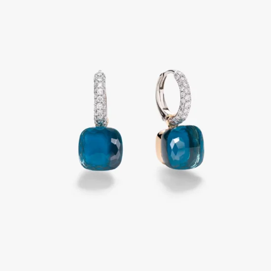 Aretes Pomellato Nudo Classic de Oro Blanco y Oro Rosa de 18K con Topacio London Blue y Pavé de Diamantes