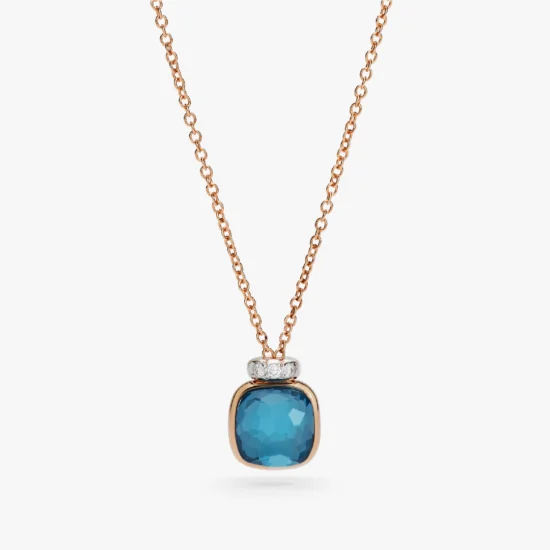 Collar Pomellato Nudo Mini de Oro Rosa y Oro Blanco de 18K con Topacio London Blue y diamantes
