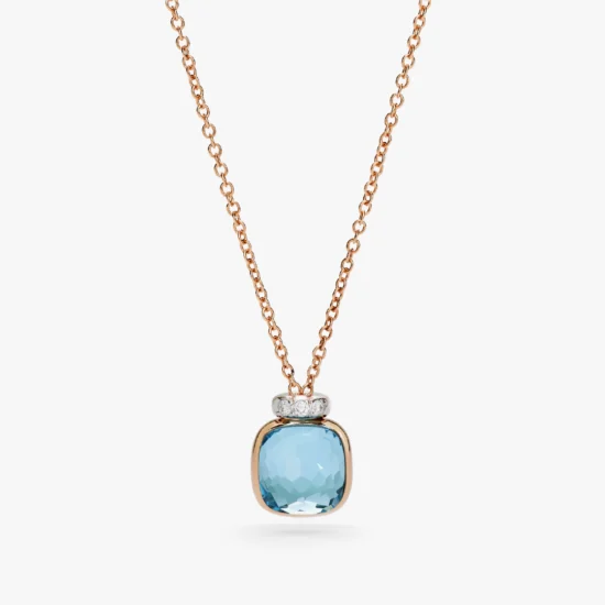 Collar Pomellato Nudo Mini de Oro Rosa y Oro Blanco de 18K con Topacio Sky Blue y diamantes