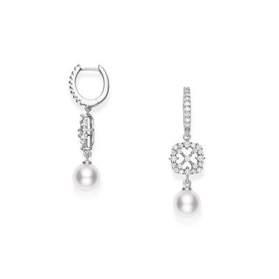 bauer - Aretes largos Mikimoto Akoya oro blanco 18K y diamantes