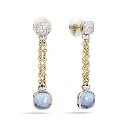 Bauer - Aretes largo pomellato nudo oro rosa/blanco 18k, diamantes y topacio azul