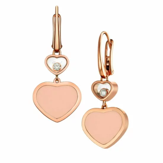 Aretes largos Chopard Happy Hearts oro rosa 18K, piedra rosa y diamantes